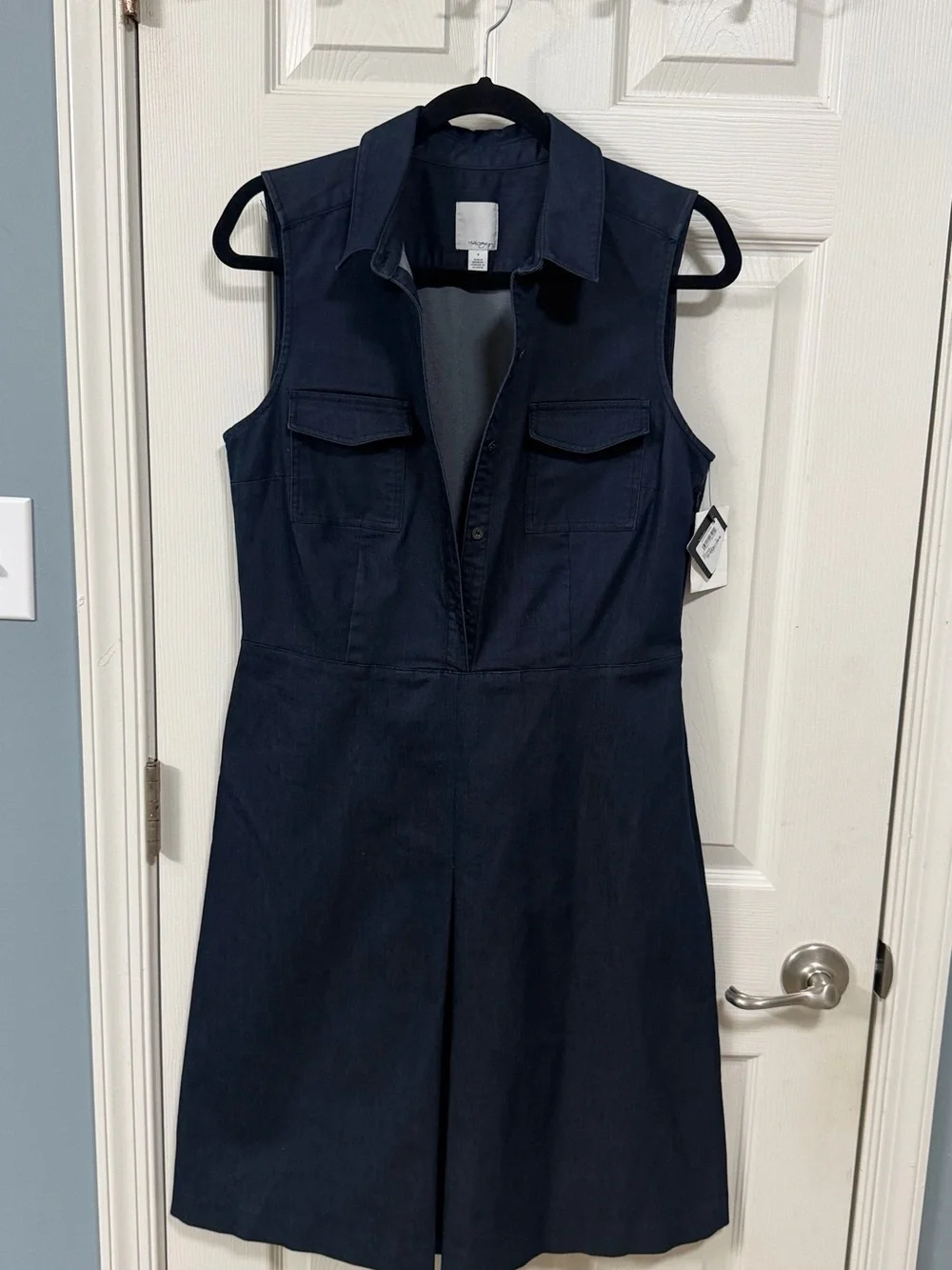 Sleeveless Denim Blue Dress Front Pleated Office Wear Career Cocktail - Picture 5 of 16